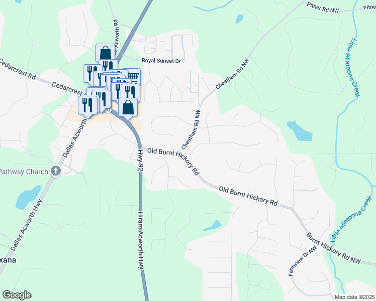 map of restaurants, bars, coffee shops, grocery stores, and more near 384 Wesley Drive in Acworth