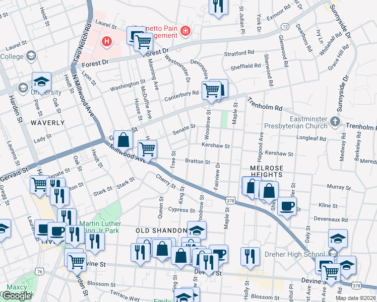 map of restaurants, bars, coffee shops, grocery stores, and more near 1221 King Street in Columbia