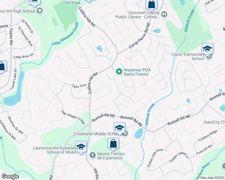 map of restaurants, bars, coffee shops, grocery stores, and more near 180 Foster Trace Drive in Lawrenceville