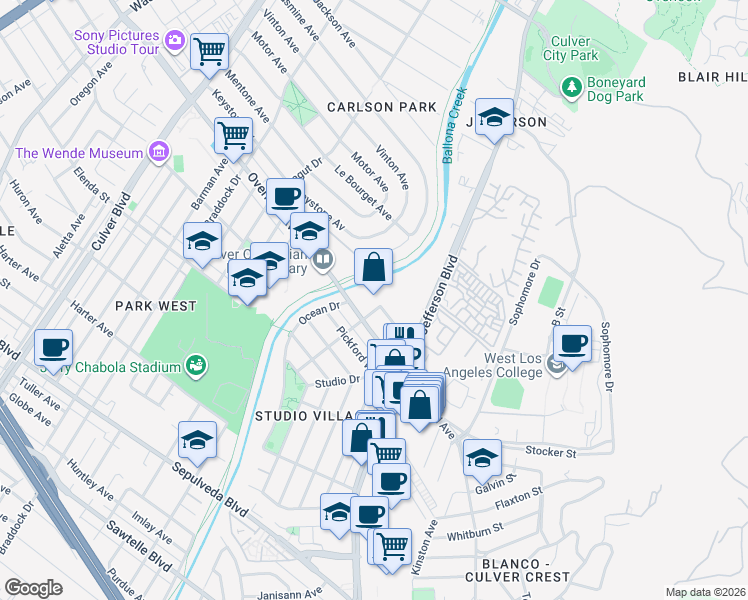 map of restaurants, bars, coffee shops, grocery stores, and more near 10601 Virginia Avenue in Culver City