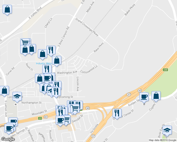 map of restaurants, bars, coffee shops, grocery stores, and more near 21259 Cottonwood Lane in Walnut