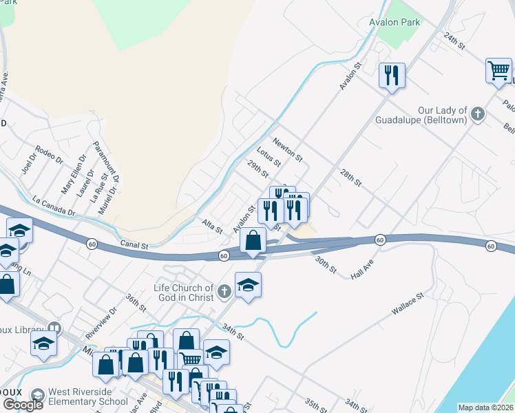 map of restaurants, bars, coffee shops, grocery stores, and more near 3010 Avalon Street in Riverside