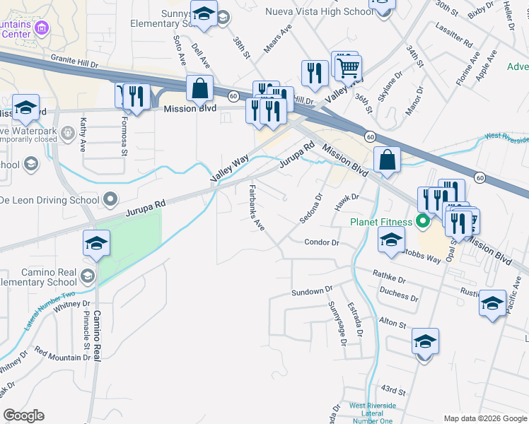 map of restaurants, bars, coffee shops, grocery stores, and more near 4500 Fairbanks Avenue in Riverside