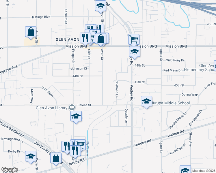 map of restaurants, bars, coffee shops, grocery stores, and more near 4501 Shetland Lane in Riverside