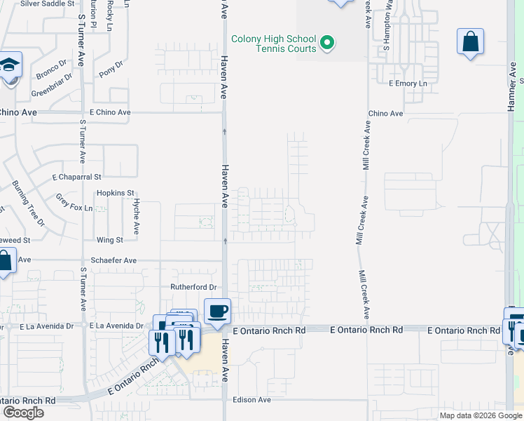 map of restaurants, bars, coffee shops, grocery stores, and more near 13661 South Haven Avenue in Ontario