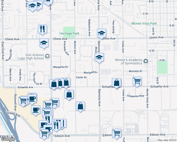 map of restaurants, bars, coffee shops, grocery stores, and more near 4439 Marigold Drive in Chino