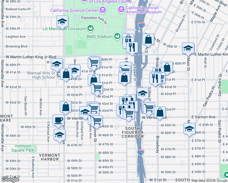 map of restaurants, bars, coffee shops, grocery stores, and more near 533 West 42nd Place in Los Angeles