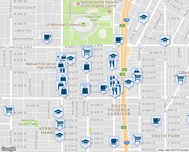 map of restaurants, bars, coffee shops, grocery stores, and more near 637 West 42nd Place in Los Angeles