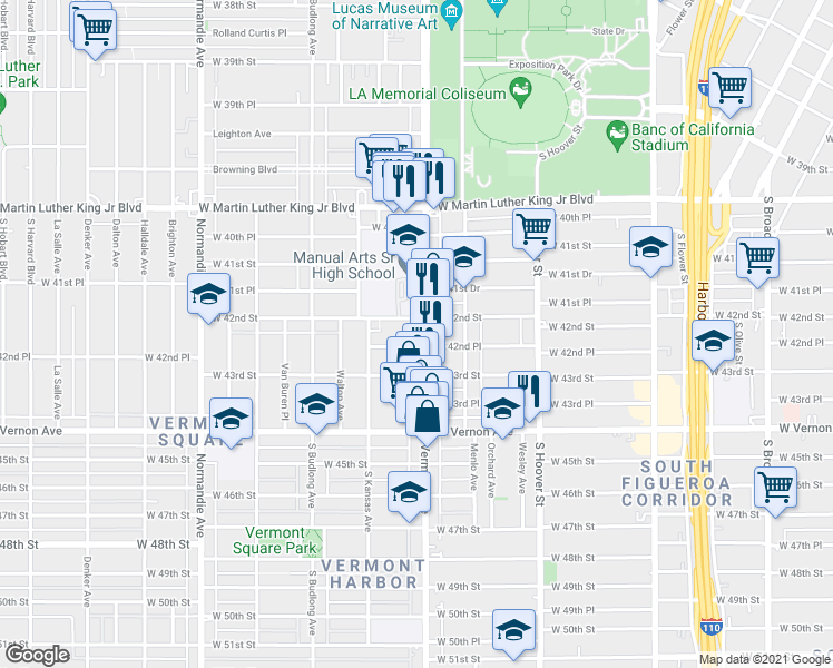 map of restaurants, bars, coffee shops, grocery stores, and more near 4228 Vermont Avenue in Los Angeles