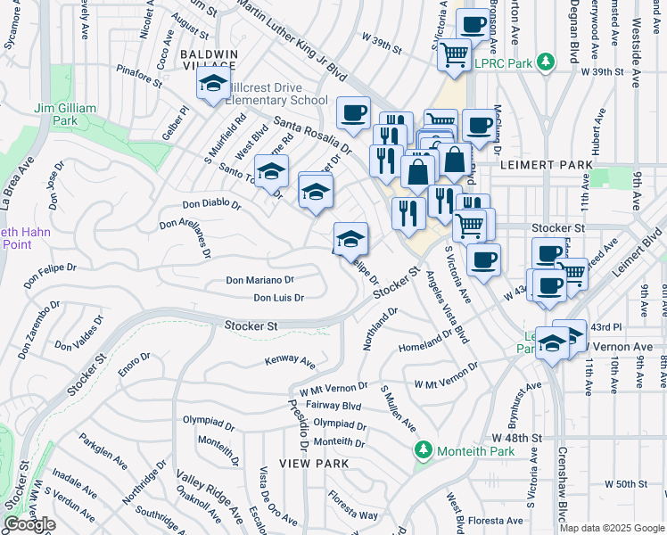 map of restaurants, bars, coffee shops, grocery stores, and more near 3839 Don Tomaso Drive in Los Angeles