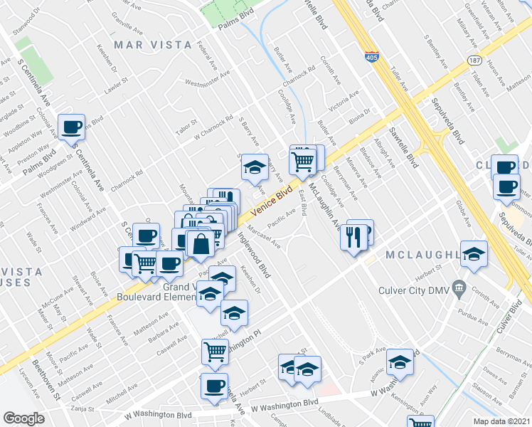 map of restaurants, bars, coffee shops, grocery stores, and more near 11907 Pacific Avenue in Los Angeles