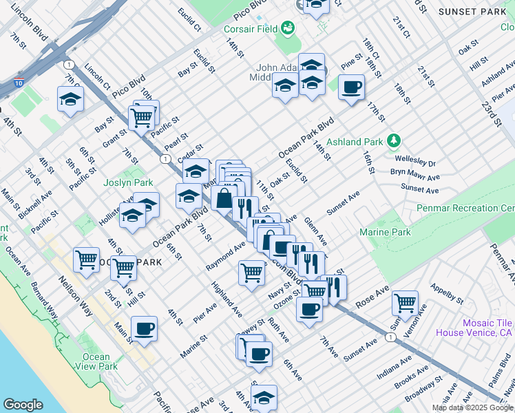 map of restaurants, bars, coffee shops, grocery stores, and more near 1018 Hill Street in Santa Monica