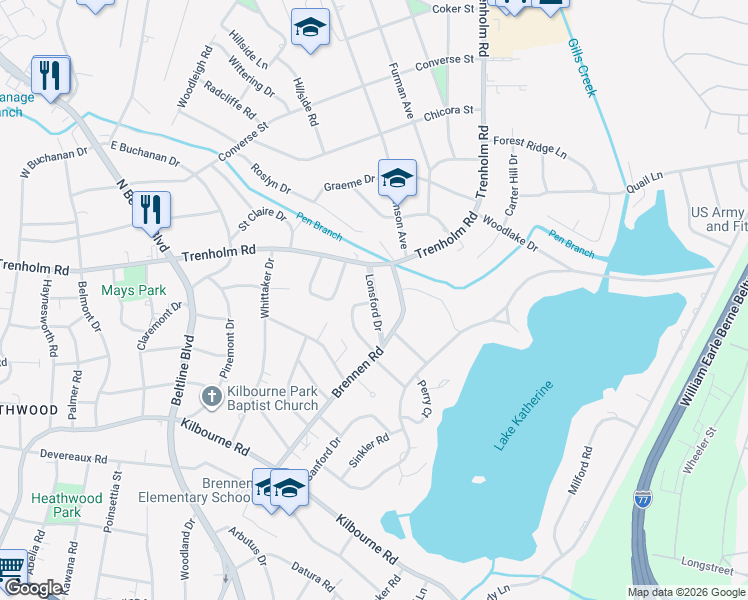 map of restaurants, bars, coffee shops, grocery stores, and more near 1539 Lonsford Drive in Columbia
