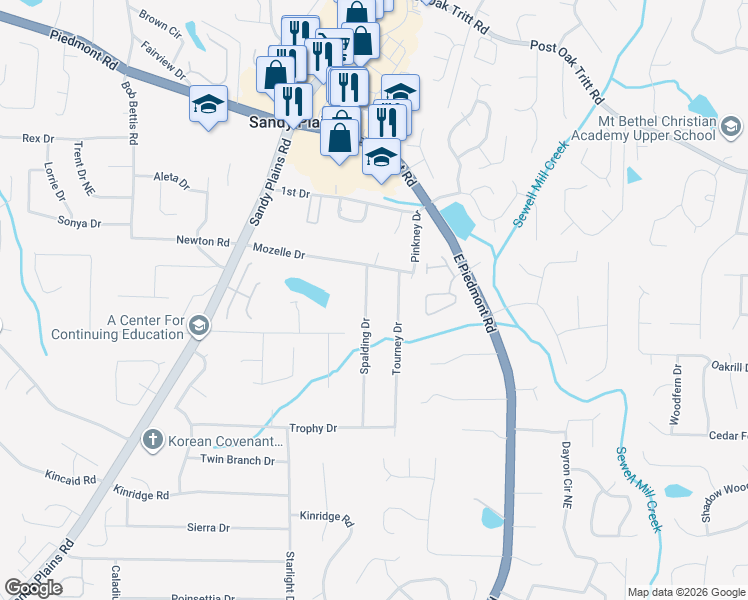 map of restaurants, bars, coffee shops, grocery stores, and more near 2240 Spalding Drive in Marietta