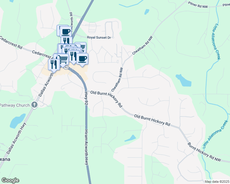 map of restaurants, bars, coffee shops, grocery stores, and more near 384 Wesley Drive in Acworth