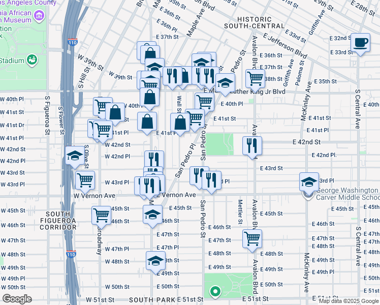 map of restaurants, bars, coffee shops, grocery stores, and more near 4257 San Pedro Place in Los Angeles