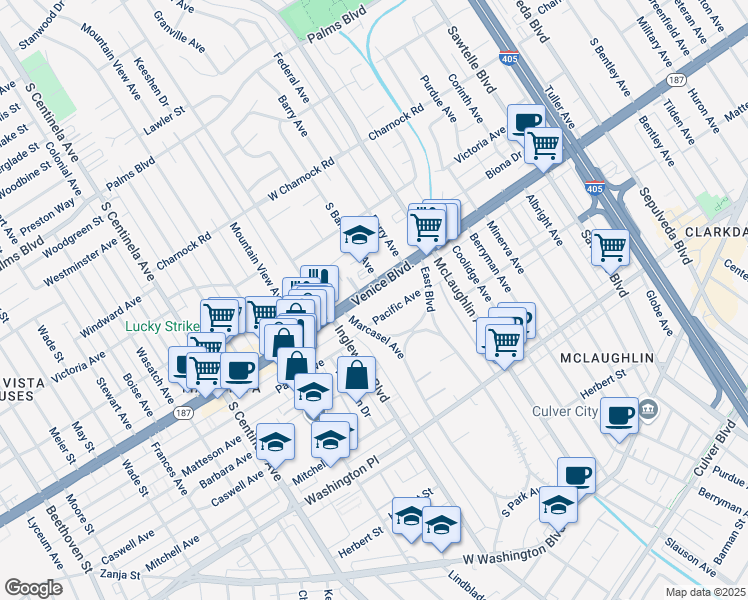map of restaurants, bars, coffee shops, grocery stores, and more near 11916 Venice Boulevard in Los Angeles