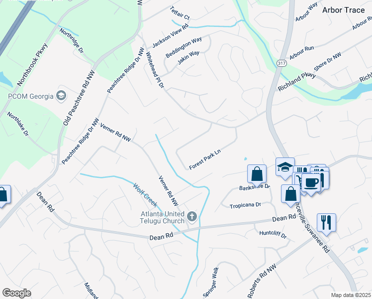 map of restaurants, bars, coffee shops, grocery stores, and more near 800 Forest Park Lane in Suwanee