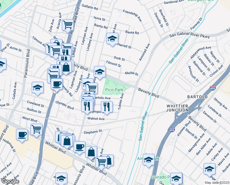map of restaurants, bars, coffee shops, grocery stores, and more near 9528 Beverly Boulevard in Pico Rivera
