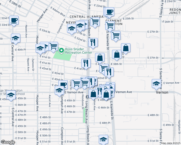 map of restaurants, bars, coffee shops, grocery stores, and more near 1706 East 41st Place in Vernon