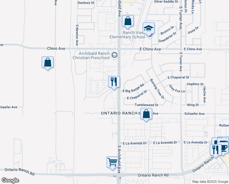 map of restaurants, bars, coffee shops, grocery stores, and more near 13610 South Archibald Avenue in Ontario