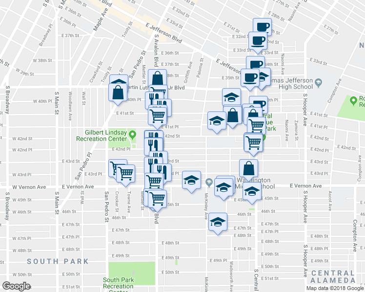 map of restaurants, bars, coffee shops, grocery stores, and more near 721 East 42nd Place in Los Angeles