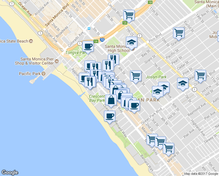 map of restaurants, bars, coffee shops, grocery stores, and more near 2015 Main St in Santa Monica