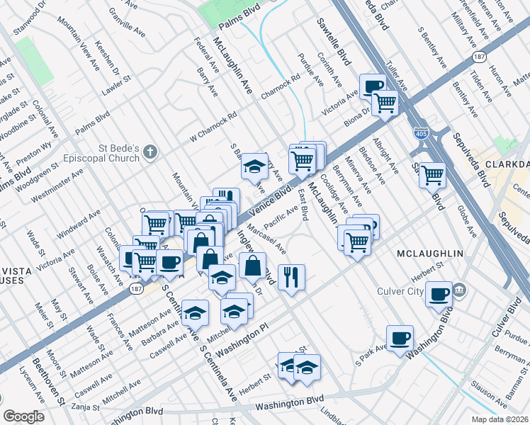 map of restaurants, bars, coffee shops, grocery stores, and more near 11916 Venice Boulevard in Los Angeles