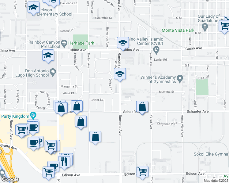 map of restaurants, bars, coffee shops, grocery stores, and more near 13576 Calico Place in Chino