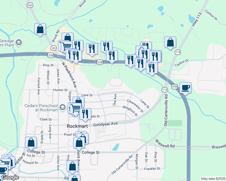 map of restaurants, bars, coffee shops, grocery stores, and more near 548 Lane Street in Rockmart