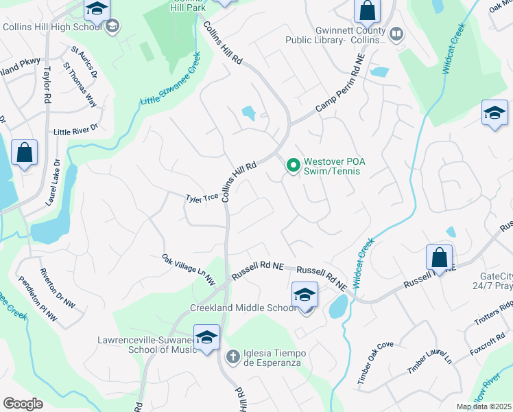 map of restaurants, bars, coffee shops, grocery stores, and more near 115 Foster Trace Drive in Lawrenceville