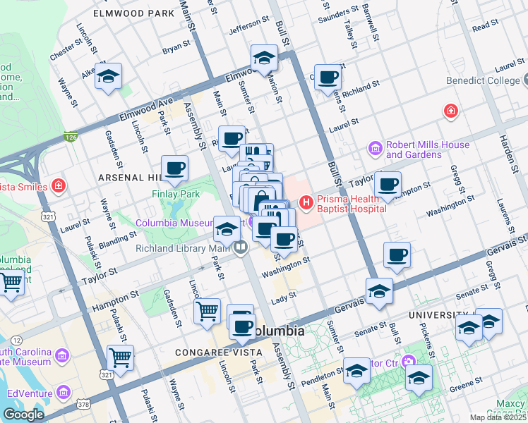 map of restaurants, bars, coffee shops, grocery stores, and more near 1545 Main Street in Columbia