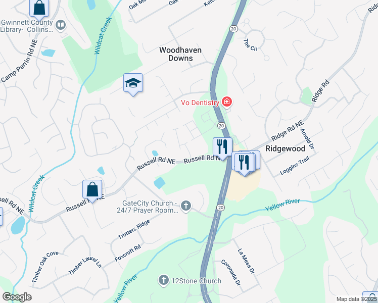 map of restaurants, bars, coffee shops, grocery stores, and more near 1555 Brantin Drive in Lawrenceville