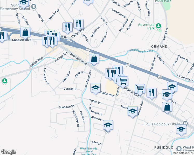 map of restaurants, bars, coffee shops, grocery stores, and more near 6452 Mission Boulevard in Riverside