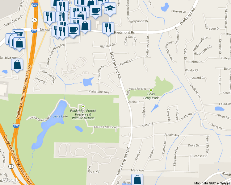 map of restaurants, bars, coffee shops, grocery stores, and more near 178 Parkstone Way in Marietta