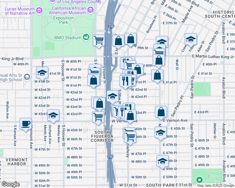 map of restaurants, bars, coffee shops, grocery stores, and more near 4231 South Olive Street in Los Angeles