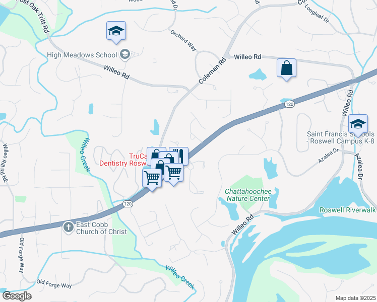 map of restaurants, bars, coffee shops, grocery stores, and more near 1010 Coleman Place Drive in Roswell
