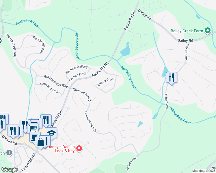 map of restaurants, bars, coffee shops, grocery stores, and more near 2827 Riders Court Northeast in Dacula