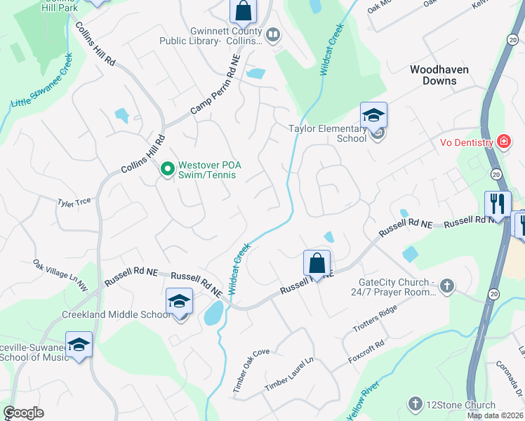 map of restaurants, bars, coffee shops, grocery stores, and more near 72 Creek Front Way in Lawrenceville
