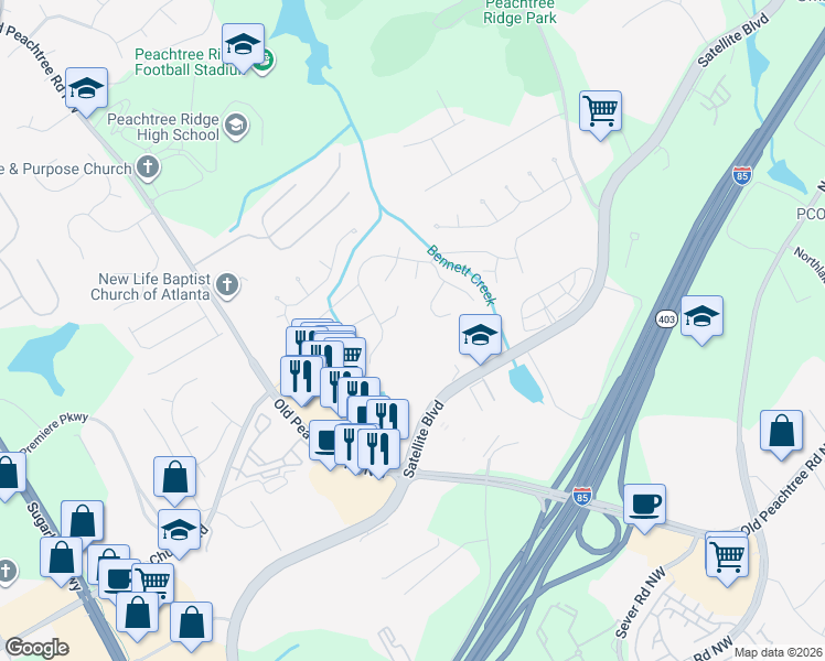 map of restaurants, bars, coffee shops, grocery stores, and more near 1455 Satellite Boulevard in Suwanee