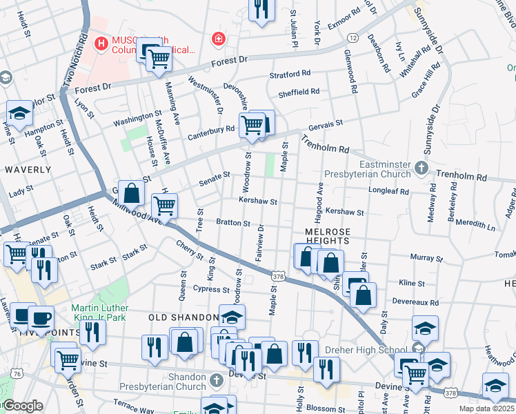map of restaurants, bars, coffee shops, grocery stores, and more near 1210 Woodrow Street in Columbia