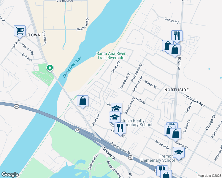 map of restaurants, bars, coffee shops, grocery stores, and more near 4503 Carmen Court in Riverside