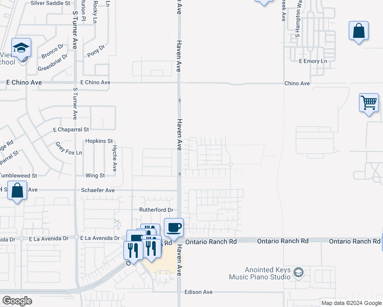 map of restaurants, bars, coffee shops, grocery stores, and more near 13661-14099 Haven Avenue in Ontario