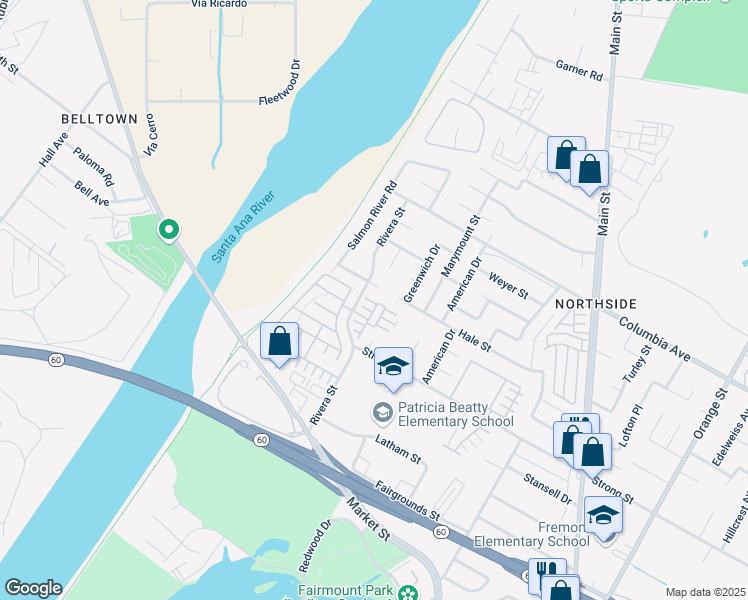 map of restaurants, bars, coffee shops, grocery stores, and more near 4503 Carmen Court in Riverside