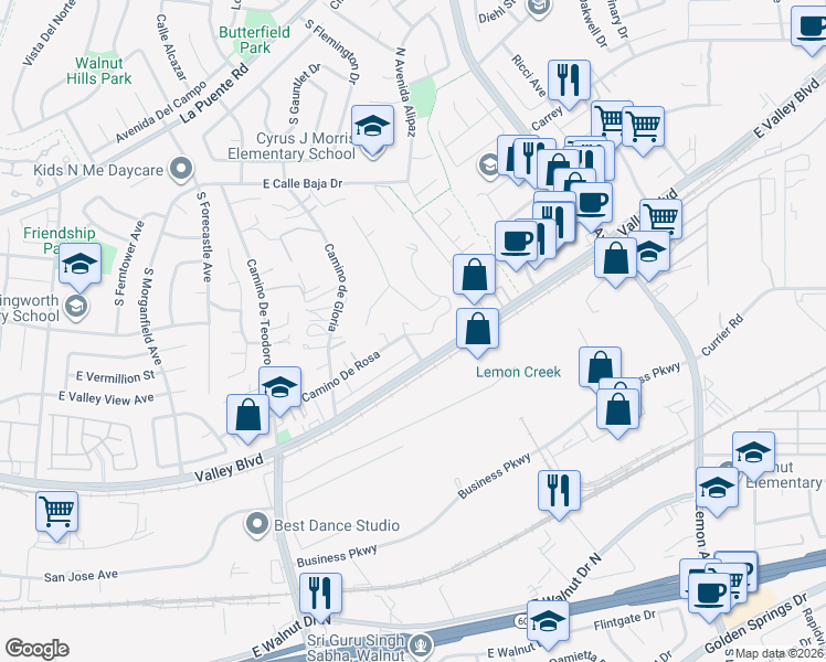 map of restaurants, bars, coffee shops, grocery stores, and more near 689 Castlehill Drive in Walnut