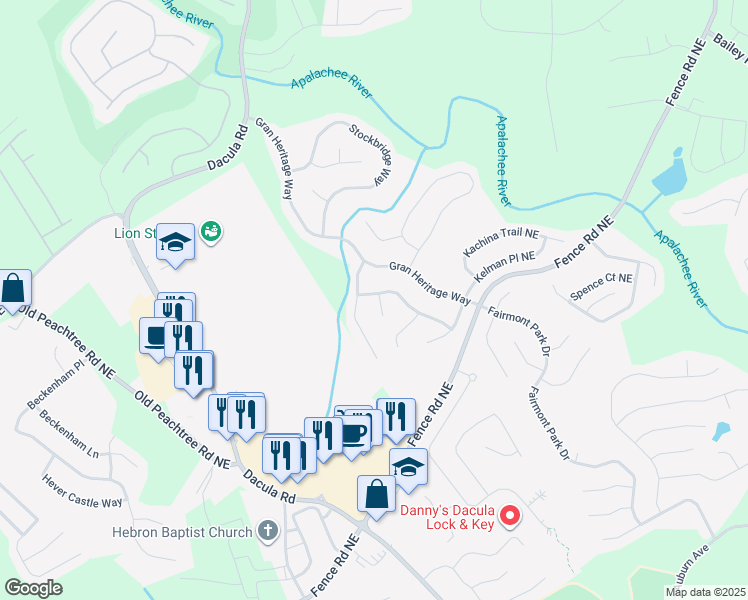 map of restaurants, bars, coffee shops, grocery stores, and more near 605 Chadmon Court Trace in Dacula