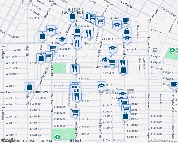 map of restaurants, bars, coffee shops, grocery stores, and more near 721 East 42nd Place in Los Angeles
