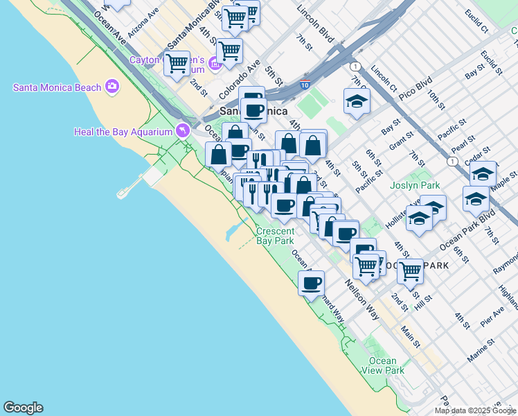 map of restaurants, bars, coffee shops, grocery stores, and more near Pico Blvd & Ocean Way in Santa Monica