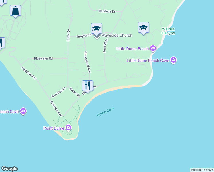 map of restaurants, bars, coffee shops, grocery stores, and more near 29008 Cliffside Drive in Malibu