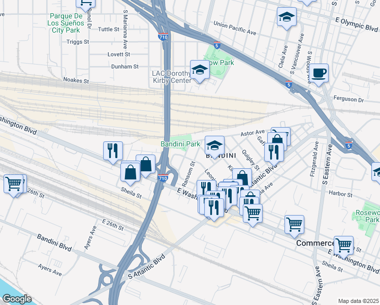 map of restaurants, bars, coffee shops, grocery stores, and more near 2222 Hepworth Avenue in Commerce
